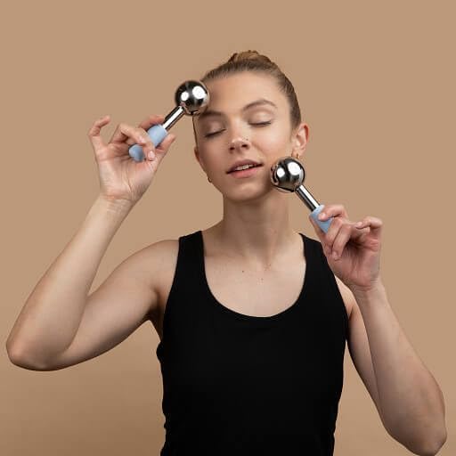 Ice Globes for Face | Stainless Steel Facial Globes | Set of 2 Cooling Ice Roller Massagers w/Silicone Handle | Warm/Cold Tool for Estheticians w/Magnetic Box & 2 Black Storage Bags