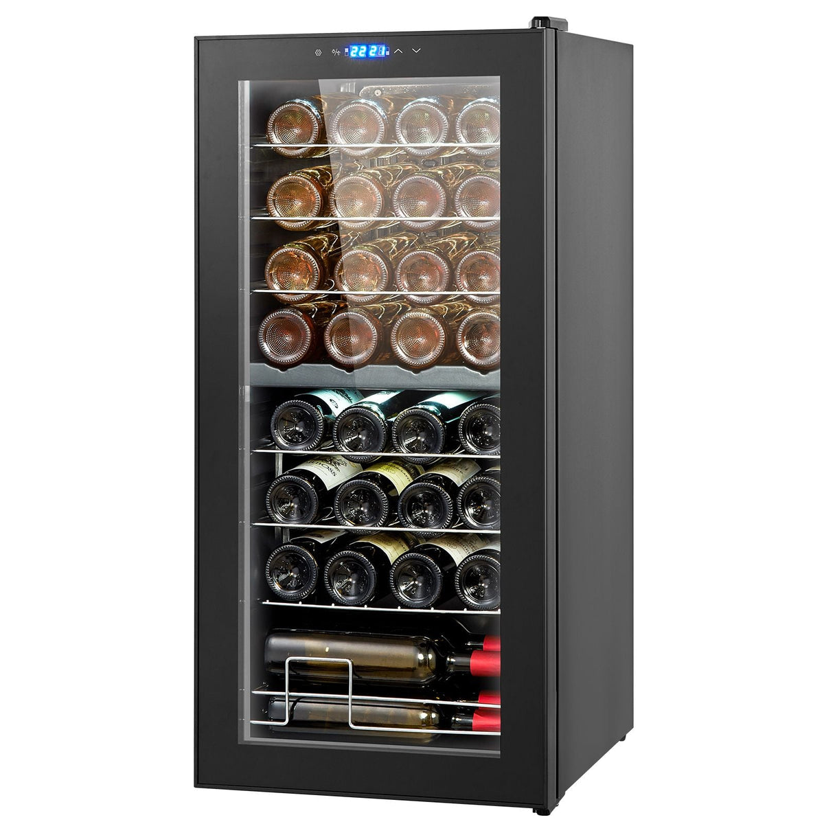 32-Bottle Wine Cooler, Dual Zone & Dual Temperature Wine Fridge, Freestanding Refrigerator with Digital Control, Tempered Glass Door with UV Protection, Red & White Wine Storage for Home Bar