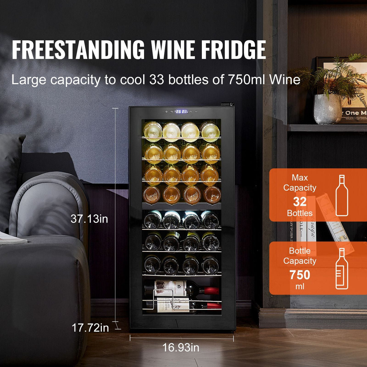 32-Bottle Wine Cooler, Dual Zone & Dual Temperature Wine Fridge, Freestanding Refrigerator with Digital Control, Tempered Glass Door with UV Protection, Red & White Wine Storage for Home Bar