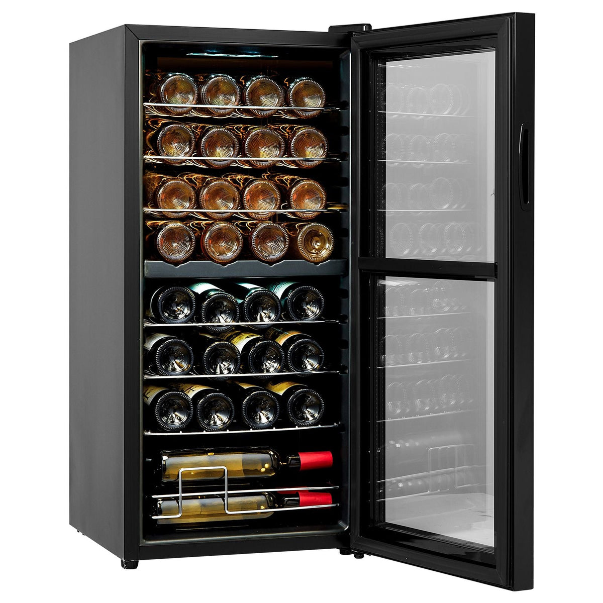 32-Bottle Wine Cooler, Dual Zone & Dual Temperature Wine Fridge, Freestanding Refrigerator with Digital Control, Tempered Glass Door with UV Protection, Red & White Wine Storage for Home Bar