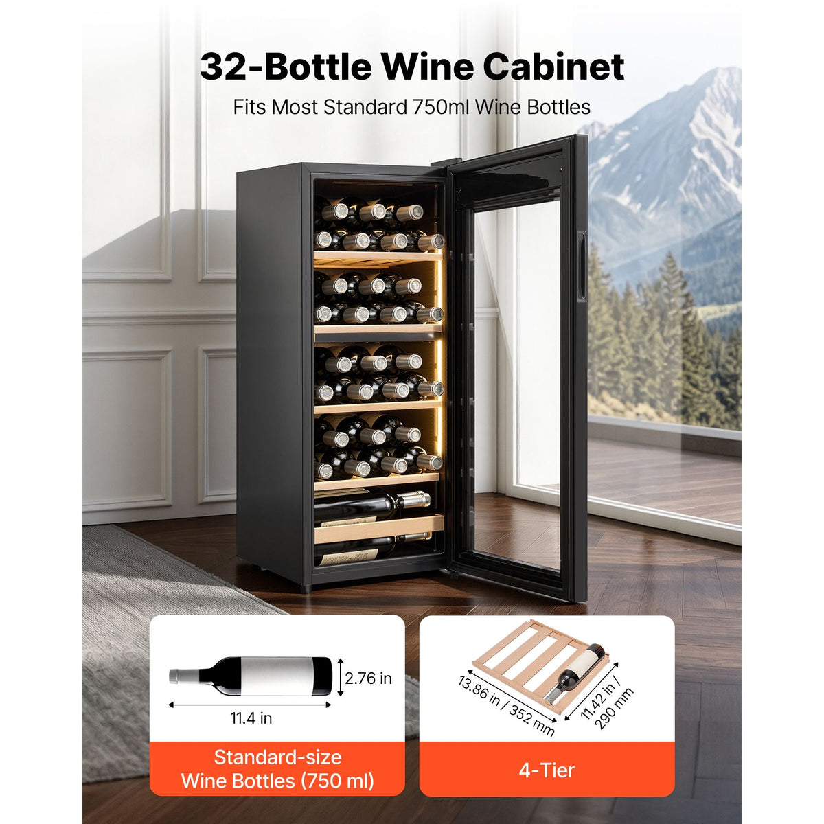 32 Bottle Wine Fridge, Freestanding Wine Cooler Refrigerator, Dual Zone Cooler, 41 F to 65 F Adjustable Temp Mini Cellar, Glass Door, For Home Office Bar, Red White Champagne or Sparkling Wines