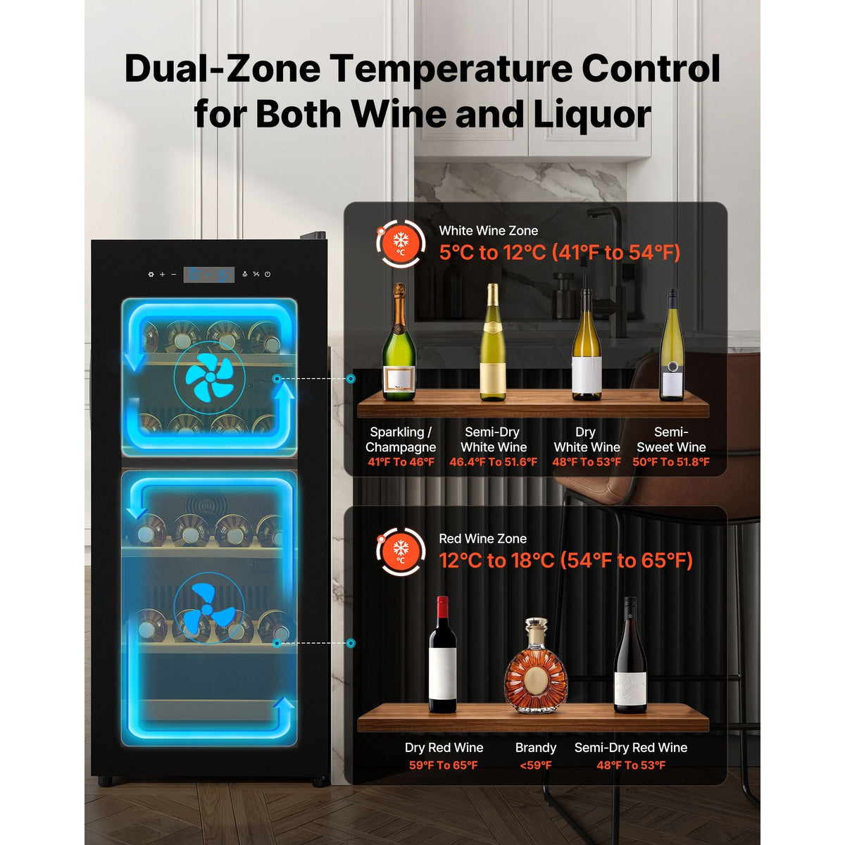 32 Bottle Wine Fridge, Freestanding Wine Cooler Refrigerator, Dual Zone Cooler, 41 F to 65 F Adjustable Temp Mini Cellar, Glass Door, For Home Office Bar, Red White Champagne or Sparkling Wines