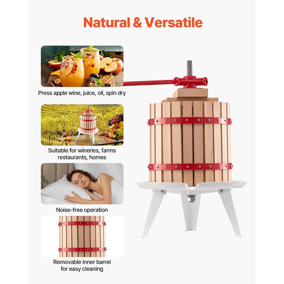 3.2 Gal/12L Fruit Wine Press, Solid Wood Basket with 8 Blocks, Heavy Duty Manual Juice Maker, Cider Apple Grape Tincture Honey Olive Oil Making Press with Handle for Kitchen, Home