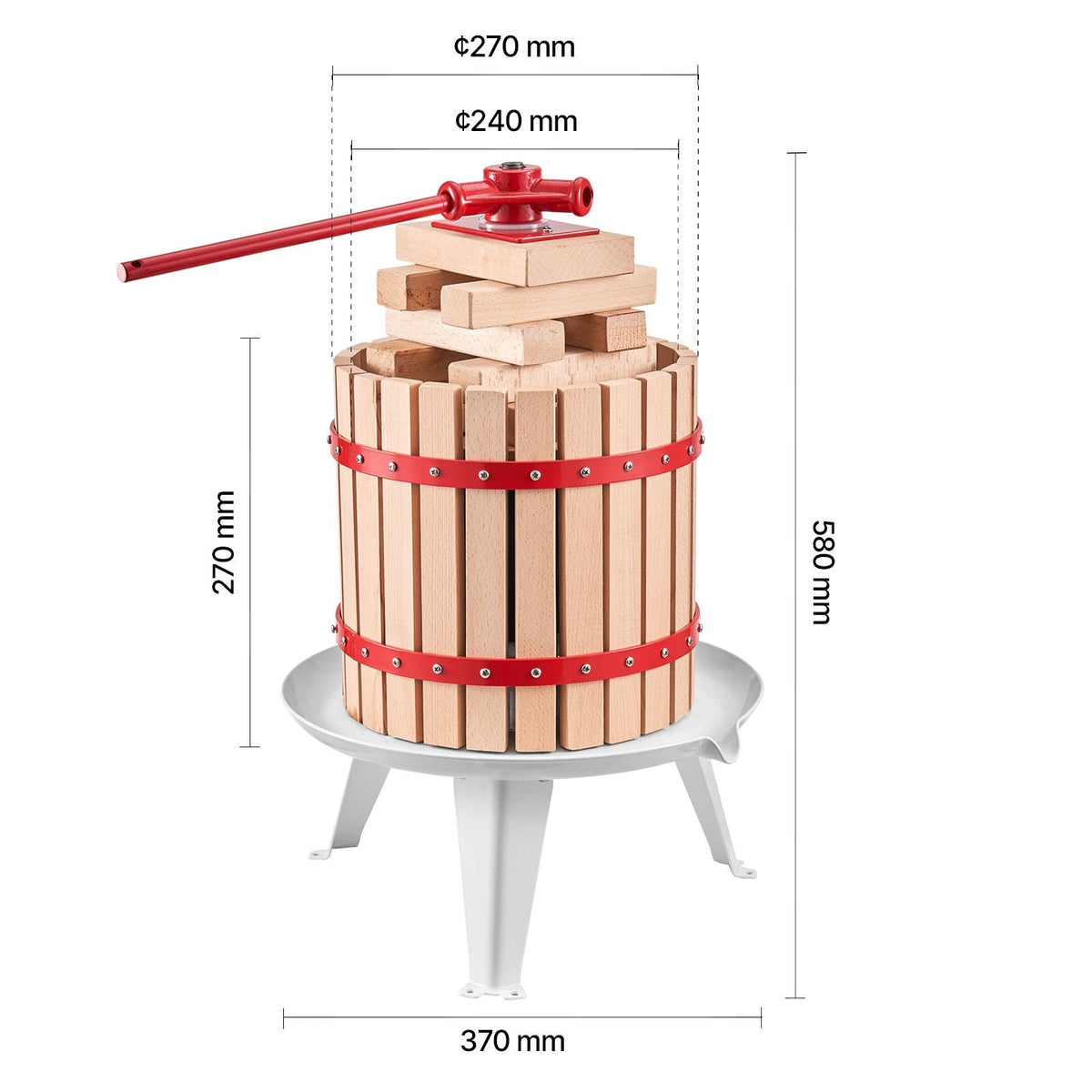 3.2 Gal/12L Fruit Wine Press, Solid Wood Basket with 8 Blocks, Heavy Duty Manual Juice Maker, Cider Apple Grape Tincture Honey Olive Oil Making Press with Handle for Kitchen, Home