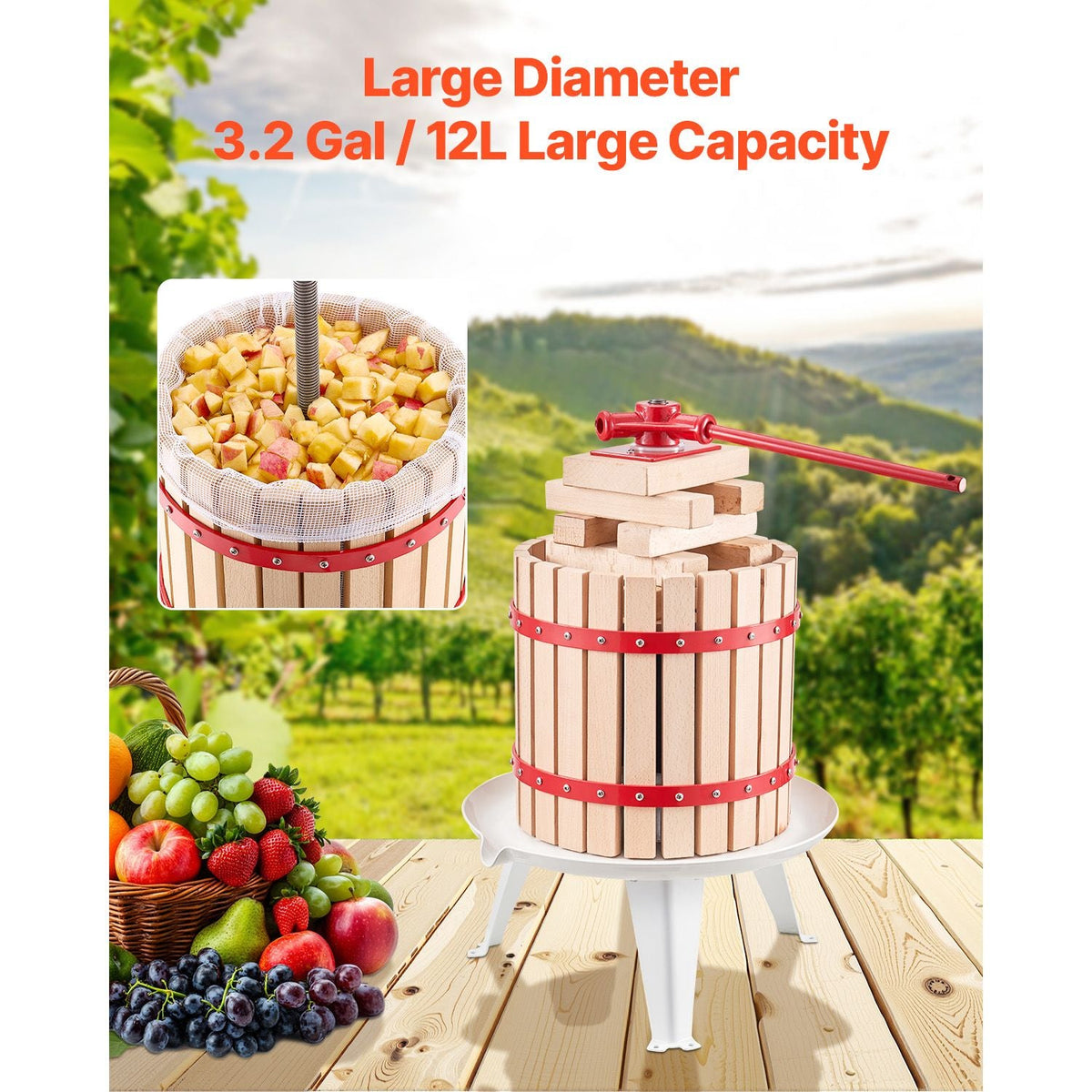 3.2 Gal/12L Fruit Wine Press, Solid Wood Basket with 8 Blocks, Heavy Duty Manual Juice Maker, Cider Apple Grape Tincture Honey Olive Oil Making Press with Handle for Kitchen, Home