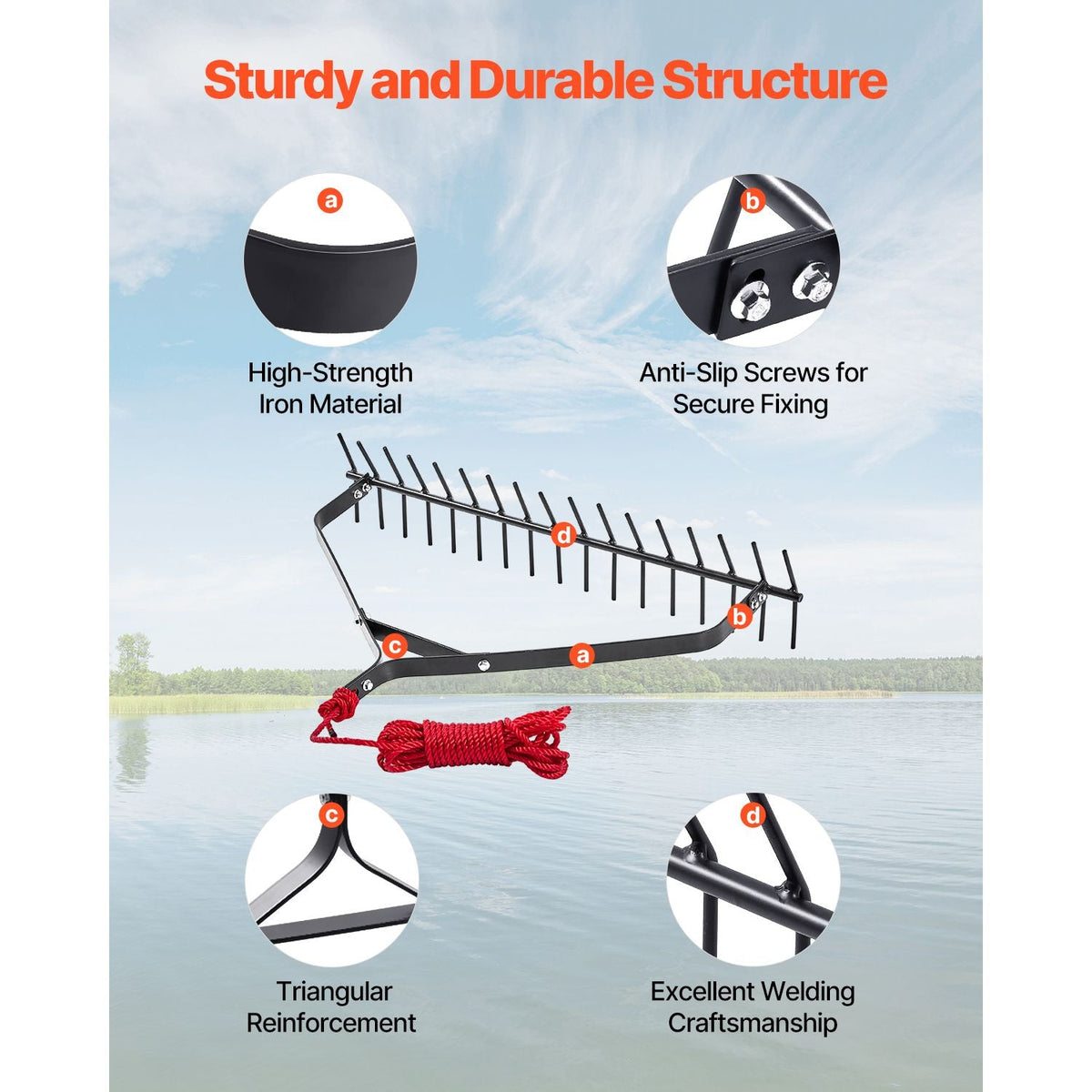 32 in Aquatic Weed Rake, 6.3 in Double Sided Lake Weed Rake, Lightweight Pond Weeds Cutter with 30ft Rope, No Assembly Required, Muck Lilypad Clearing Tool for Pond, Lake, Rivulet