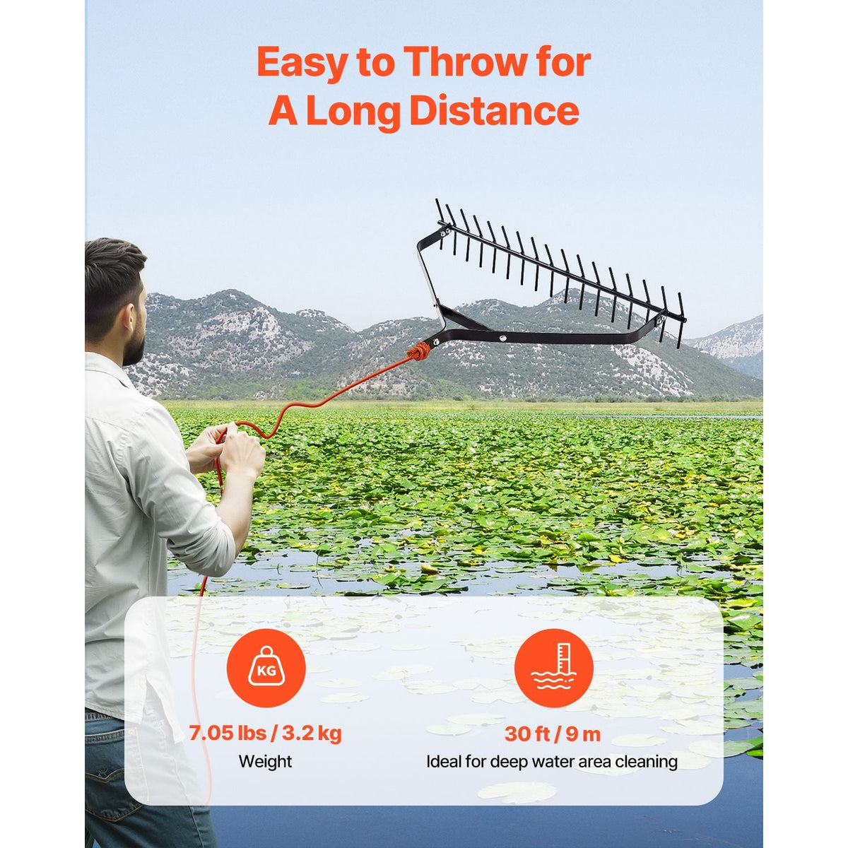 32 in Aquatic Weed Rake, 6.3 in Double Sided Lake Weed Rake, Lightweight Pond Weeds Cutter with 30ft Rope, No Assembly Required, Muck Lilypad Clearing Tool for Pond, Lake, Rivulet