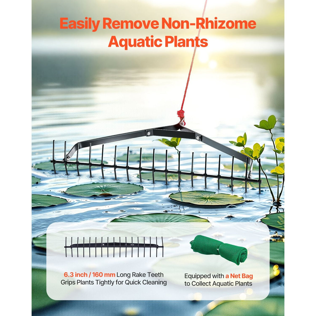 32 in Aquatic Weed Rake, 6.3 in Double Sided Lake Weed Rake, Lightweight Pond Weeds Cutter with 30ft Rope, No Assembly Required, Muck Lilypad Clearing Tool for Pond, Lake, Rivulet