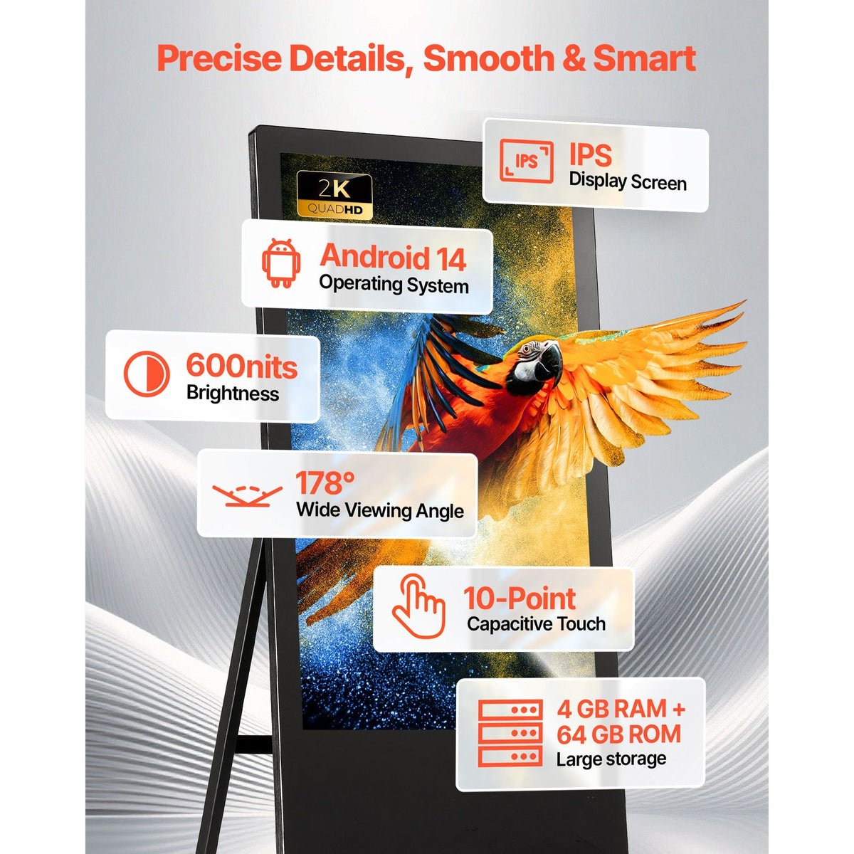 32 in Indoor Digital Signage Floor Standing Advertising Display Kiosk, WiFi HDMI/USB Input Android OS, 178° Wide View, LCD Touchscreen Interactive Monitor, Commercial Totem Vertical Poster