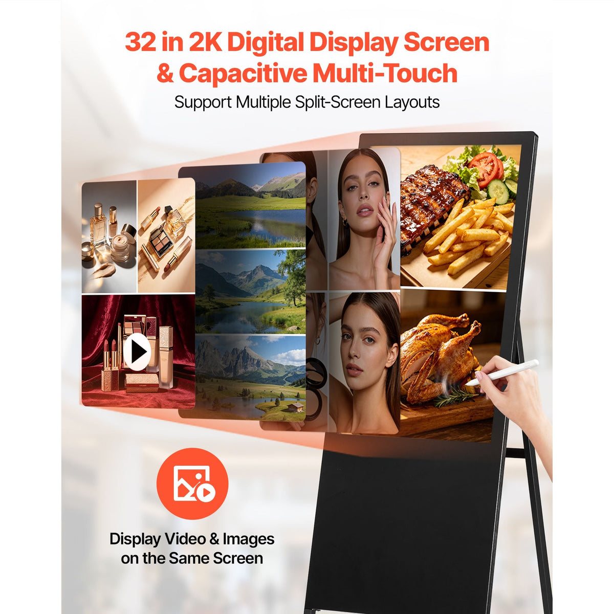 32 in Indoor Digital Signage Floor Standing Advertising Display Kiosk, WiFi HDMI/USB Input Android OS, 178° Wide View, LCD Touchscreen Interactive Monitor, Commercial Totem Vertical Poster