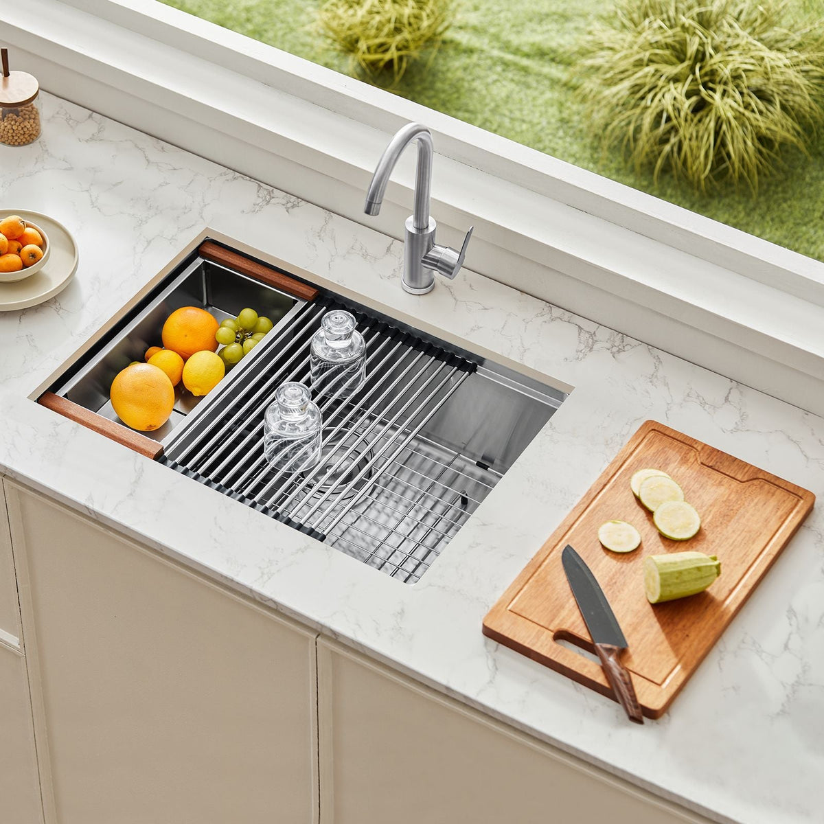 32 inch Kitchen Sink Workstation, 304 Stainless Steel Undermount Sink, Drop-In Single Bowl Farmhouse Basin with Ledge & Multiple Accessories, Household Dishwasher Sinks for RV, Prep Kitchen, Bar