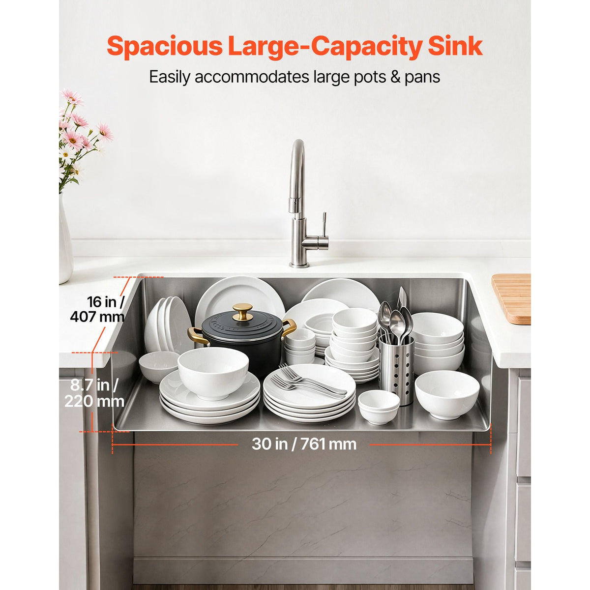32-inch Kitchen Undermount Single Bowl Sinks, Stainless Steel Drop-In Farmhouse Basin with Accessories, Household Dishwasher Sinks for RV, Prep Kitchen, Laundry Room, Bar