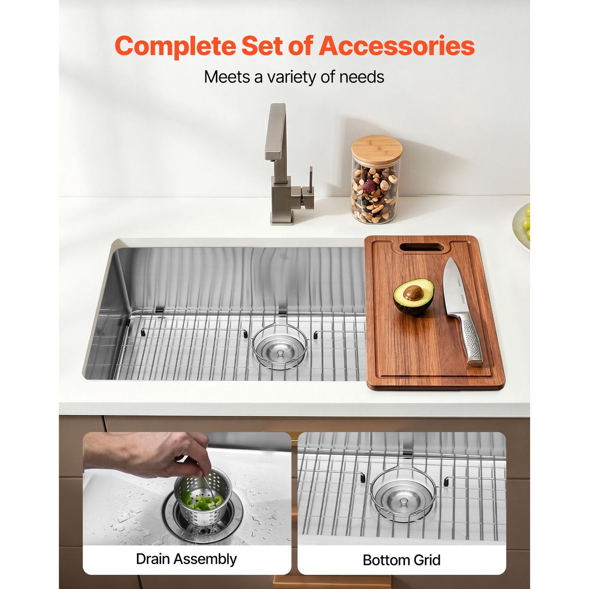 32-inch Kitchen Undermount Single Bowl Sinks, Stainless Steel Drop-In Farmhouse Basin with Accessories, Household Dishwasher Sinks for RV, Prep Kitchen, Laundry Room, Bar