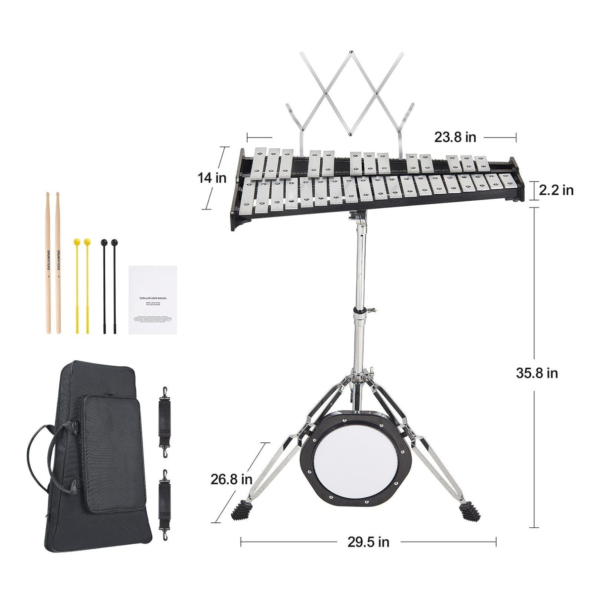 32 Note Glockenspiel Xylophone Bell Kit, Professional Percussion Instrument Set with Mallets, Drum Sticks, Music Stand, 8" Practice Pad, Adjustable Stand and Carrying Bag for Students & Adults