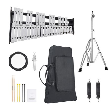 32 Note Glockenspiel Xylophone Bell Kit, Professional Percussion Instrument Set with Mallets, Drum Sticks, Music Stand, 8" Practice Pad, Adjustable Stand and Carrying Bag for Students & Adults