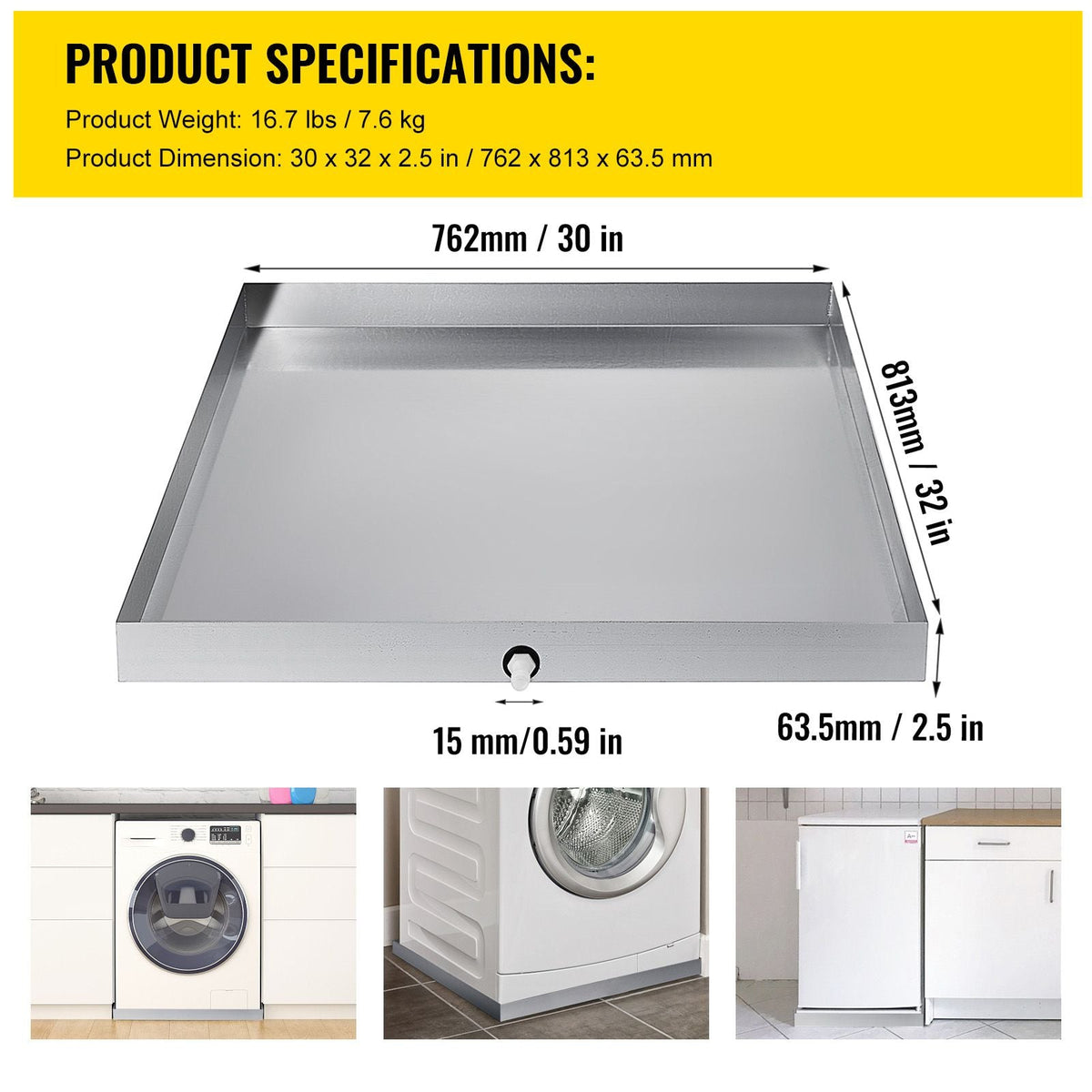 32 x 30 x 2.5 Inch Washing Machine Pan 18 GA Thickness Galvanized Steel Heavy Duty Compact Washer Drip Tray with Drain Hole & Hose Adapter