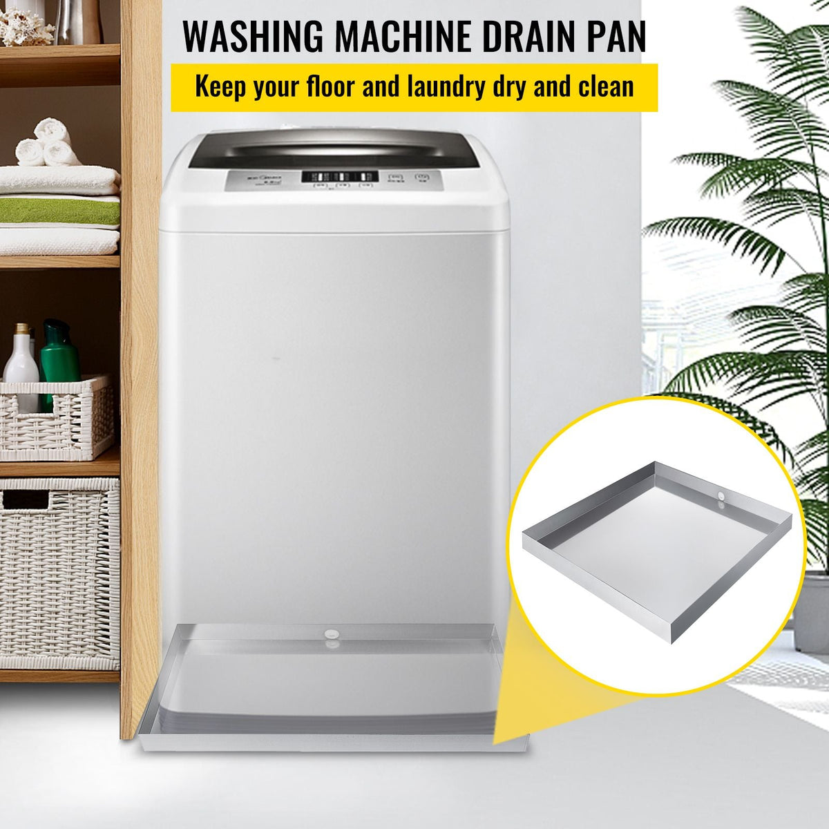 32 x 32 x 2.5 Inch Washing Machine Pan 18 GA Thickness 304 Stainless Steel Heavy Duty Compact Washer Drip Tray with Drain Hole & Hose Adapter