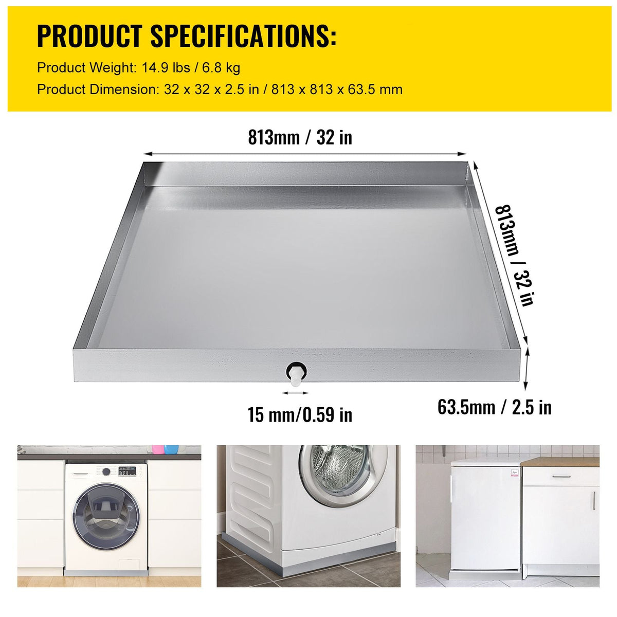 32 x 32 x 2.5 Inch Washing Machine Pan 18 GA Thickness 304 Stainless Steel Heavy Duty Compact Washer Drip Tray with Drain Hole & Hose Adapter