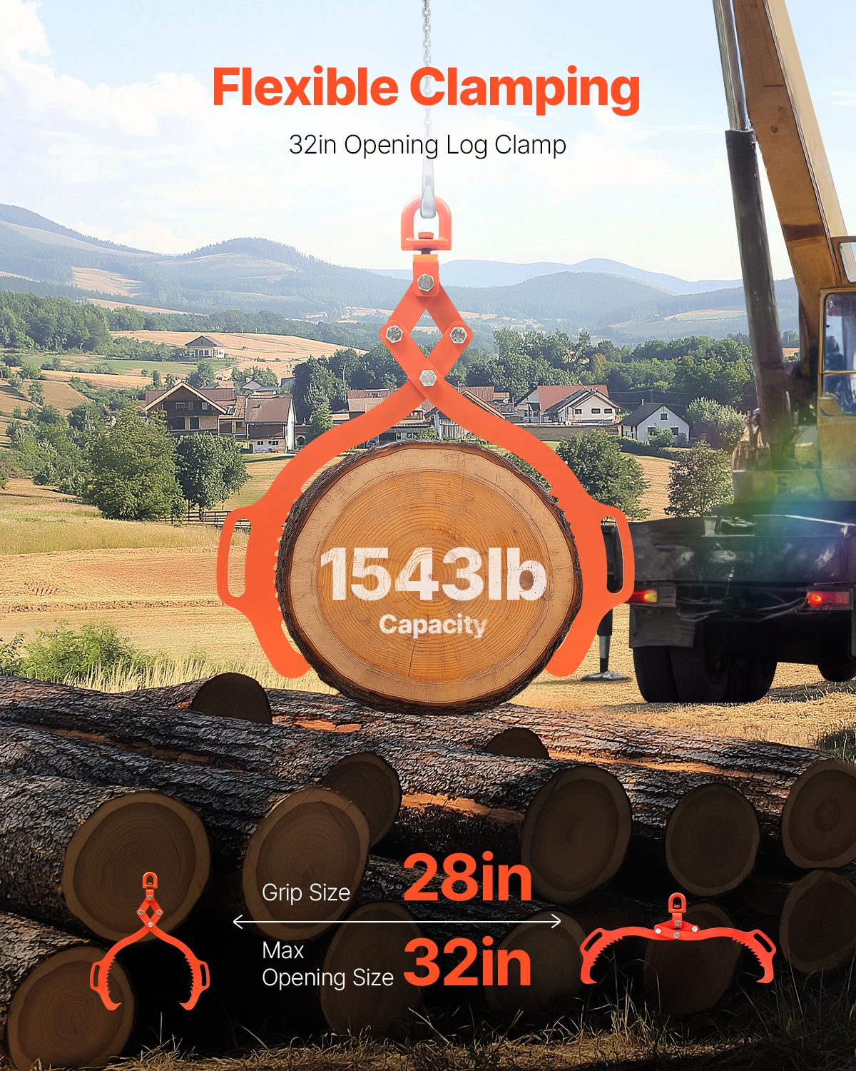 32in Log Lifting Tongs, 2-Claw Log Tongs, Heavy Duty Steel Log Grapple, 1543LBS Lifting Capacity, Swivel Log Graper Timber, Eagle Claw Design, Log Skidding Tongs for Trucks, Tractors, Forklifts