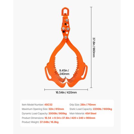 32in Log Lifting Tongs, 4-Claw Log Tongs, Heavy Duty Steel Log Grapple, 2200LBS Lifting Capacity, Swivel Log Graper Timber, Eagle Claw Design, Log Skidding Tongs for Trucks, Tractors, Forklifts