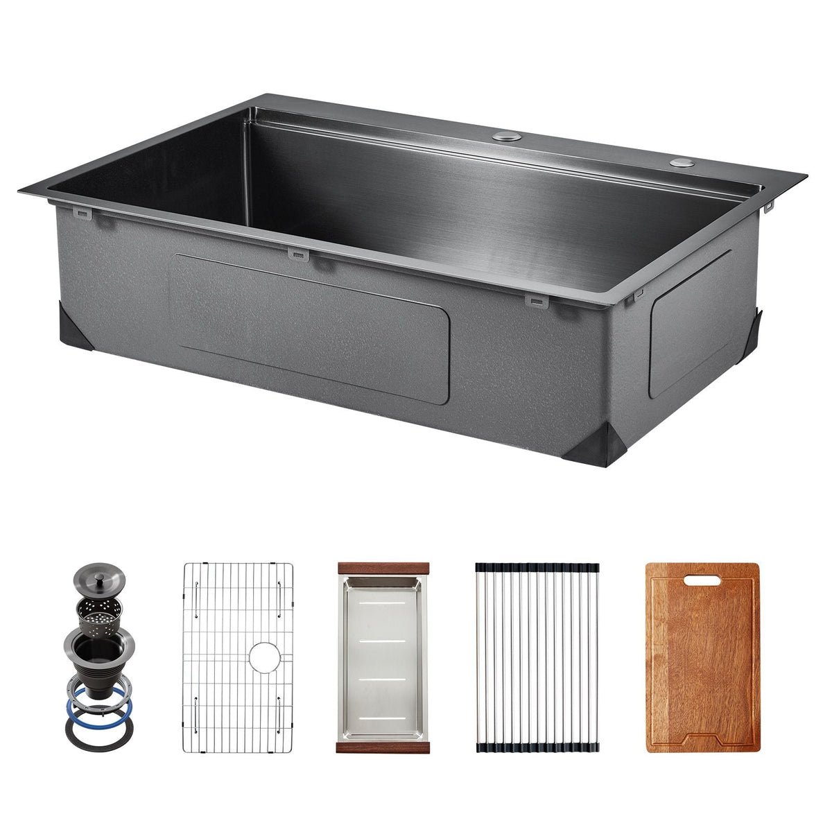 33 inch Kitchen Sink Workstation, 304 Stainless Steel Top Mount Sinks, Drop-In Single Bowl Farmhouse Basin with Ledge & Multiple Accessories, Household Dishwasher Sink for RV, Bar (Black)