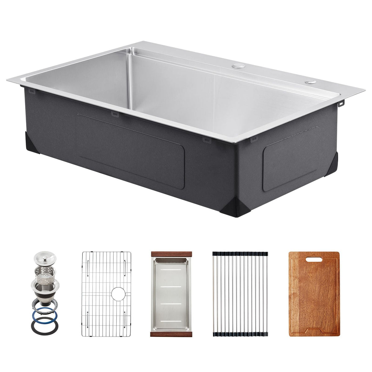 33 inch Kitchen Sink Workstation, 304 Stainless Steel Top Mount Sinks, Drop-In Single Bowl Farmhouse Basin with Ledge & Multiple Accessories, Household Dishwasher Sink for RV, Prep Kitchen, Bar