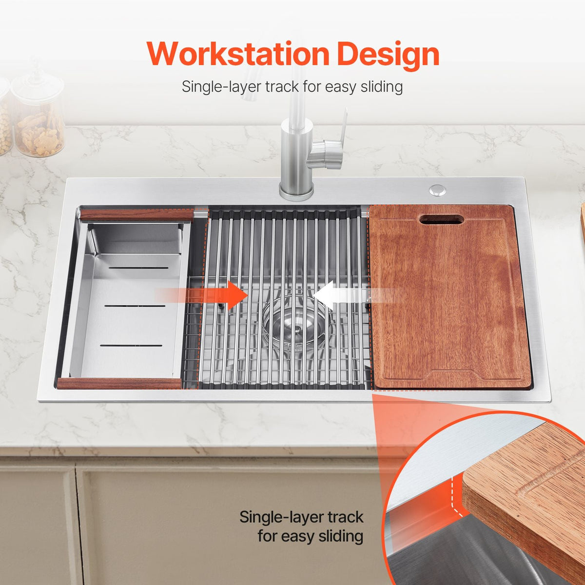 33 inch Kitchen Sink Workstation, 304 Stainless Steel Top Mount Sinks, Drop-In Single Bowl Farmhouse Basin with Ledge & Multiple Accessories, Household Dishwasher Sink for RV, Prep Kitchen, Bar