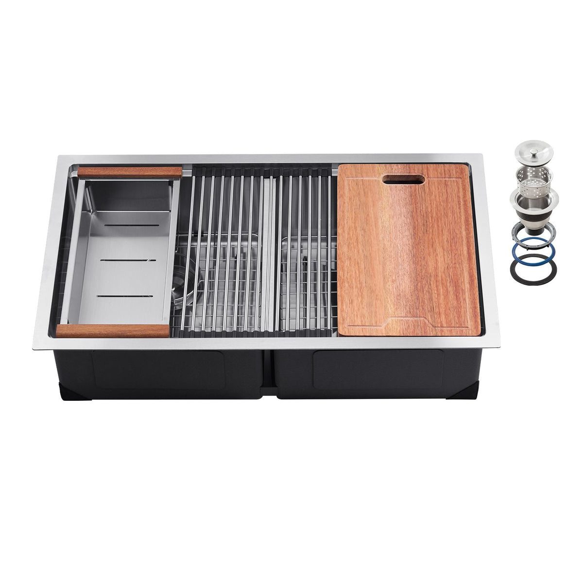 33 inch Kitchen Sink Workstation, 304 Stainless Steel Undermount Sink, Drop-In Double Bowl Farmhouse Basin with Ledge & Multiple Accessories, Household Dishwasher Sinks for RV, Prep Kitchen, Bar