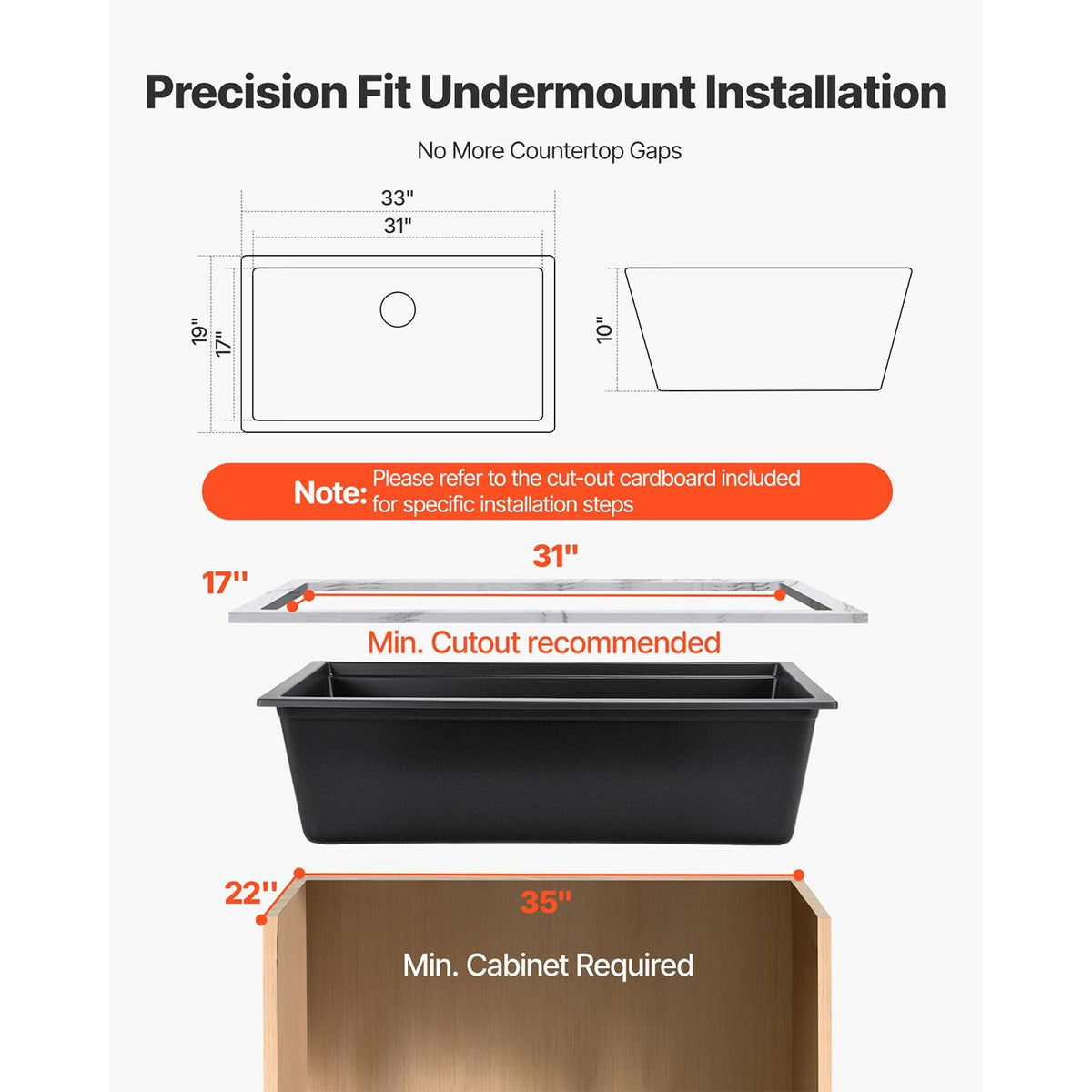 33 inch Kitchen Sink Workstation, Undermount Granite Sink, Drop-In Single Bowl Farmhouse Basin with Multiple Accessories, Household Dishwasher Sinks for RV, Prep Kitchen, and Bar (Black)