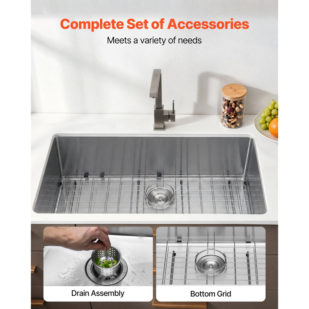 33-inch Kitchen Undermount Single Bowl Sinks, Stainless Steel Drop-In Farmhouse Basin with Ledge & Accessories, Household Dishwasher Sinks for RV, Prep Kitchen, Laundry Room, Bar