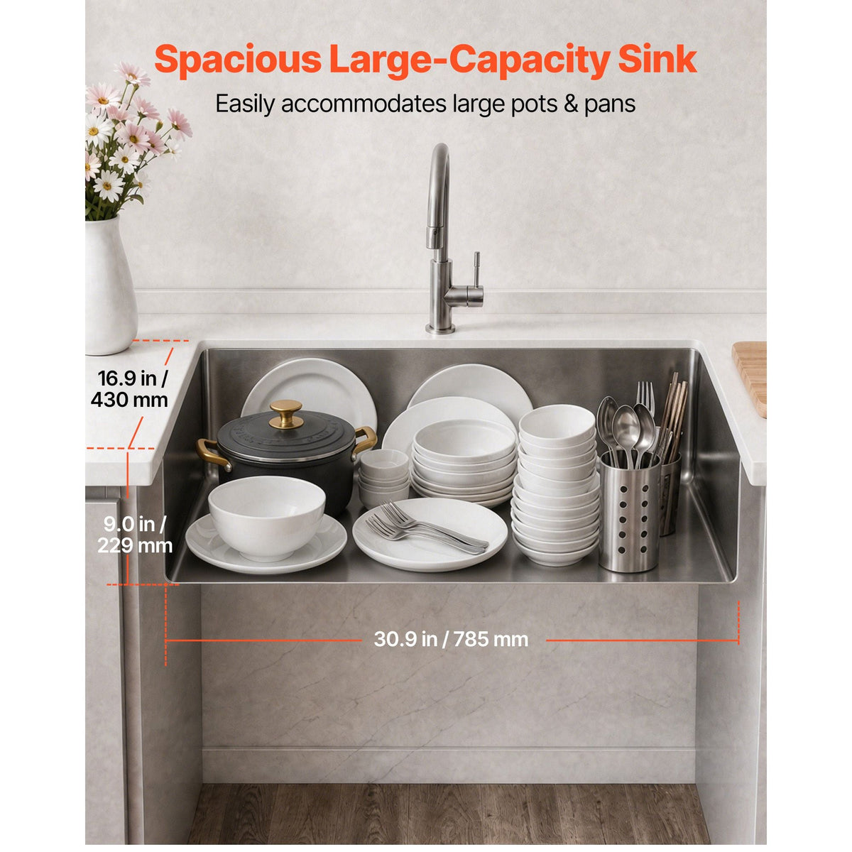 33-inch Kitchen Undermount Single Bowl Sinks, Stainless Steel Drop-In Farmhouse Basin with Ledge & Accessories, Household Dishwasher Sinks for RV, Prep Kitchen, Laundry Room, Bar