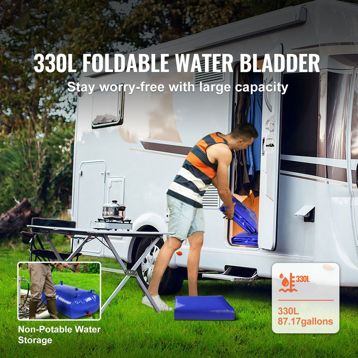 330L/87 Gallon Water Storage Bladder, RV Water Tank, 1000D Blue PVC Collapsible Water Storage Containers, Large Capacity Soft Water Bag, Portable Water Bladder, Fire Prevention, Camping