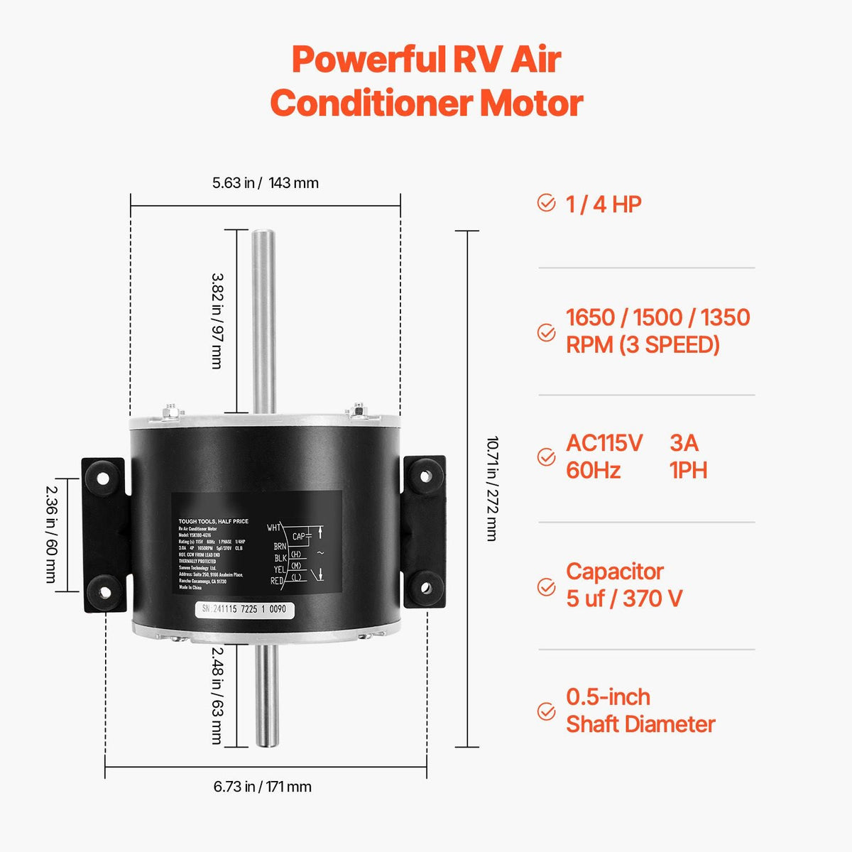 3315332.005 RV AC Fan Motor Replacement Genteq F48AF70A61, Dometic Brisk Air II Fan Motor, Compatible with Dometic Brisk Air II B57915 B59516 B59146 B59186 - 1/4HP AC115V 3A 1650RPM (3 Speeds)