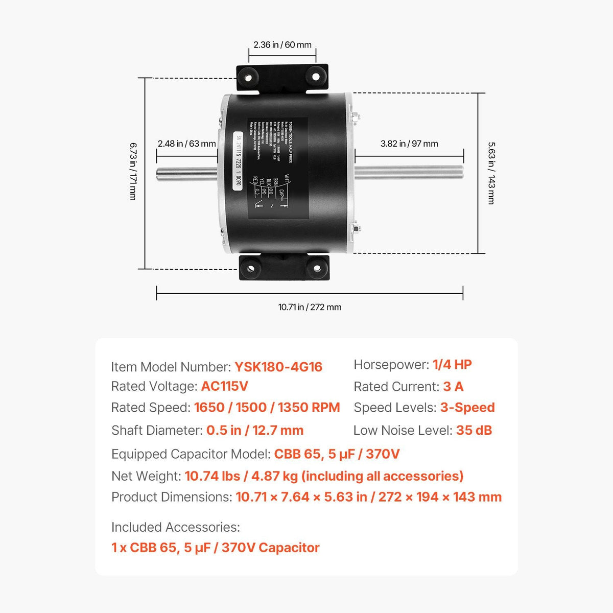 3315332.005 RV AC Fan Motor Replacement Genteq F48AF70A61, Dometic Brisk Air II Fan Motor, Compatible with Dometic Brisk Air II B57915 B59516 B59146 B59186 - 1/4HP AC115V 3A 1650RPM (3 Speeds)