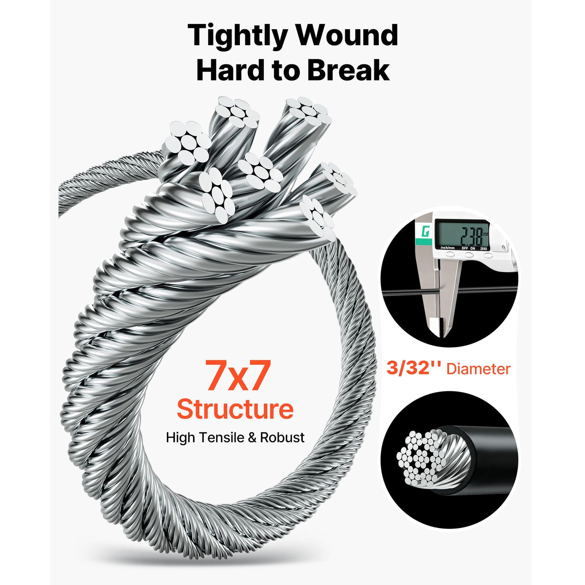 3/32 Inch Wire Rope Kit, 165 ft Length, 304 Stainless Steel Wire Cable, 450 lbs Breaking Strength, 7 x 7 Strands Construction, Steel Cable for Deck Railing System, Garden Trellis, String Lights