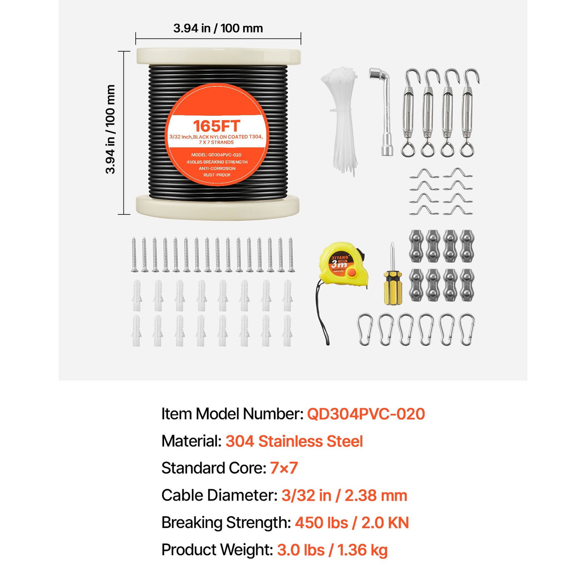 3/32 Inch Wire Rope Kit, 165 ft Length, 304 Stainless Steel Wire Cable, 450 lbs Breaking Strength, 7 x 7 Strands Construction, Steel Cable for Deck Railing System, Garden Trellis, String Lights