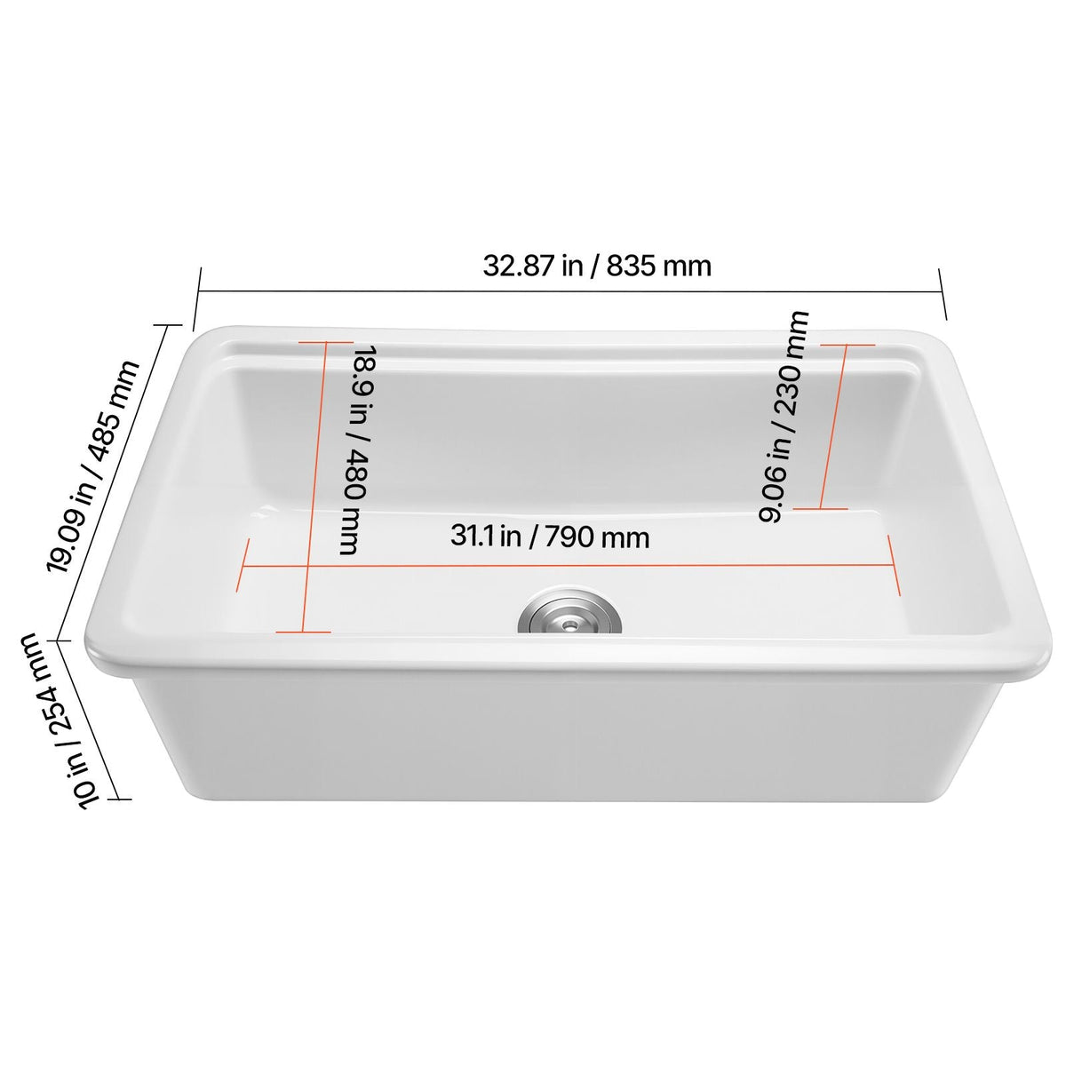 33x19 inch Farmhouse Sink, White Sink Workstation, Fireclay Topmount Undermount Basin, Drop-In Single Bowl Basin with Multiple Accessories, Large Capacity Household Dishwasher Sinks for Kitchen