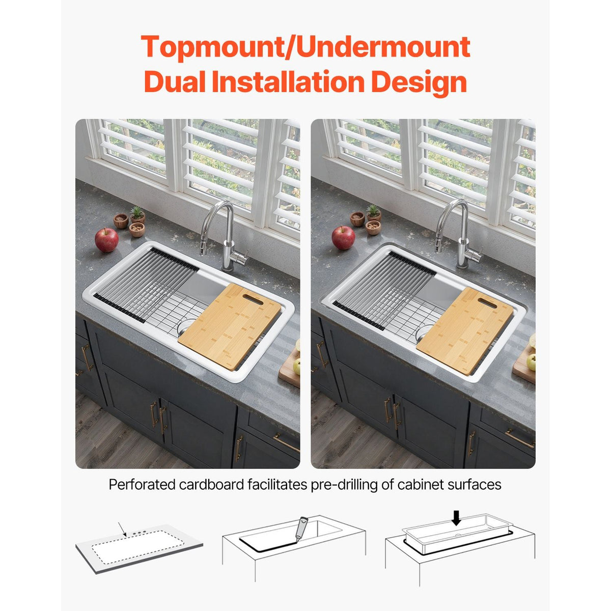 33x19 inch Farmhouse Sink, White Sink Workstation, Fireclay Topmount Undermount Basin, Drop-In Single Bowl Basin with Multiple Accessories, Large Capacity Household Dishwasher Sinks for Kitchen