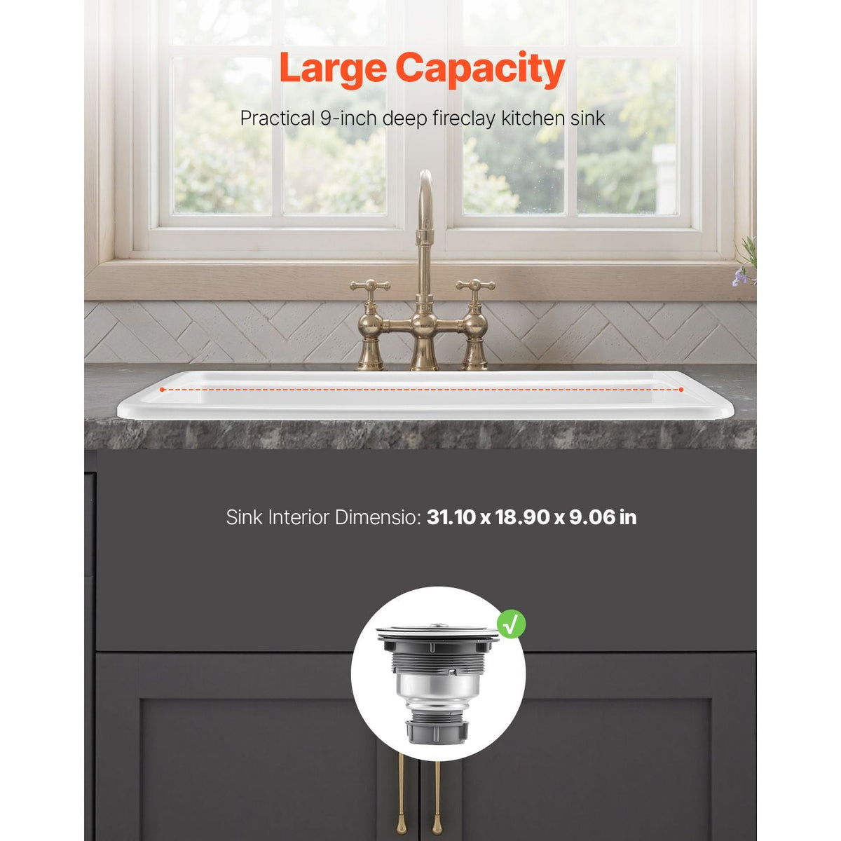 33x19 inch Farmhouse Sink, White Sink Workstation, Fireclay Topmount Undermount Basin, Drop-In Single Bowl Basin with Multiple Accessories, Large Capacity Household Dishwasher Sinks for Kitchen