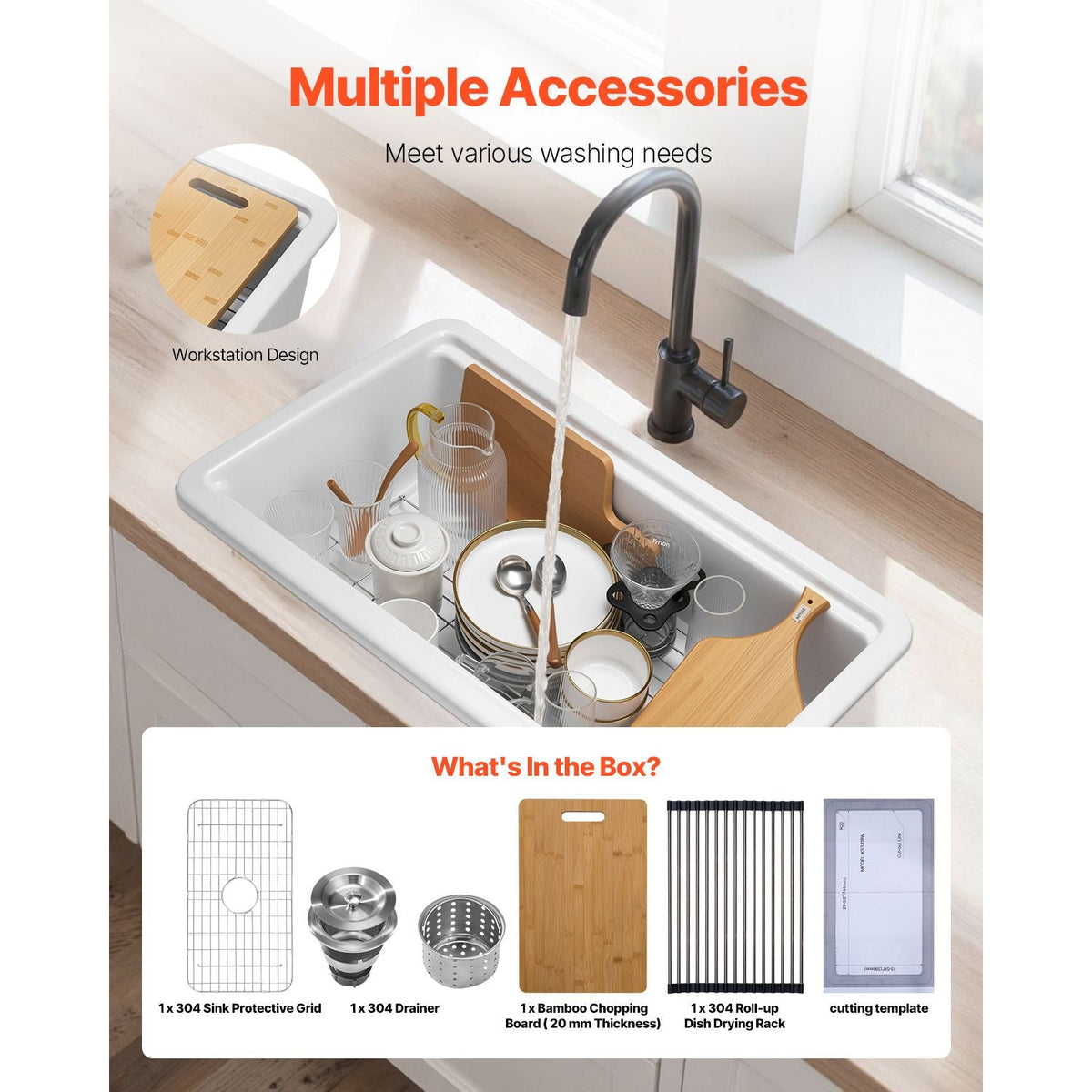 33x19 inch Farmhouse Sink, White Sink Workstation, Fireclay Topmount Undermount Basin, Drop-In Single Bowl Basin with Multiple Accessories, Large Capacity Household Dishwasher Sinks for Kitchen