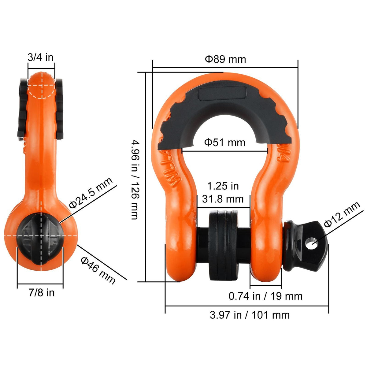 3/4" D-Ring Shackle, 2 Pack Alloy Steel Shackles 62832 lbs (28.5 Ton) Break Strength with 7/8" Screw Pin, Isolators & Washers, Heavy Duty Off Road Vehicle Recovery Shackle for Jeep Truck, Orange