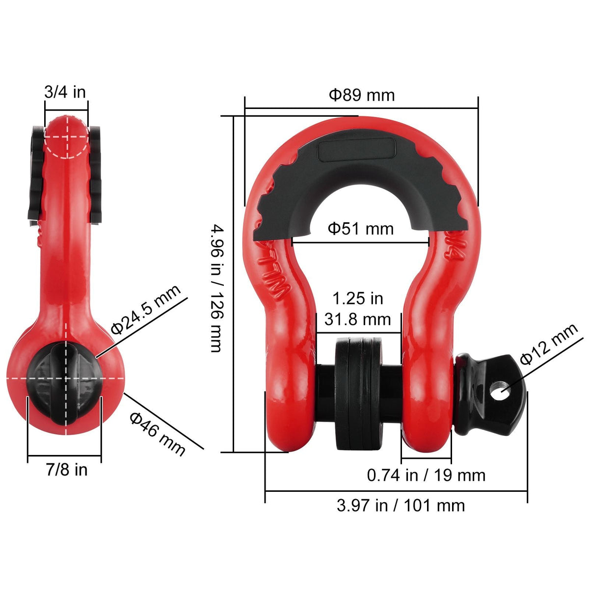 3/4" D-Ring Shackle, 2 Pack Alloy Steel Shackles 62832 lbs (28.5 Ton) Break Strength with 7/8" Screw Pin, Isolators & Washers, Heavy Duty Off Road Vehicle Recovery Shackle for Jeep Truck, Red