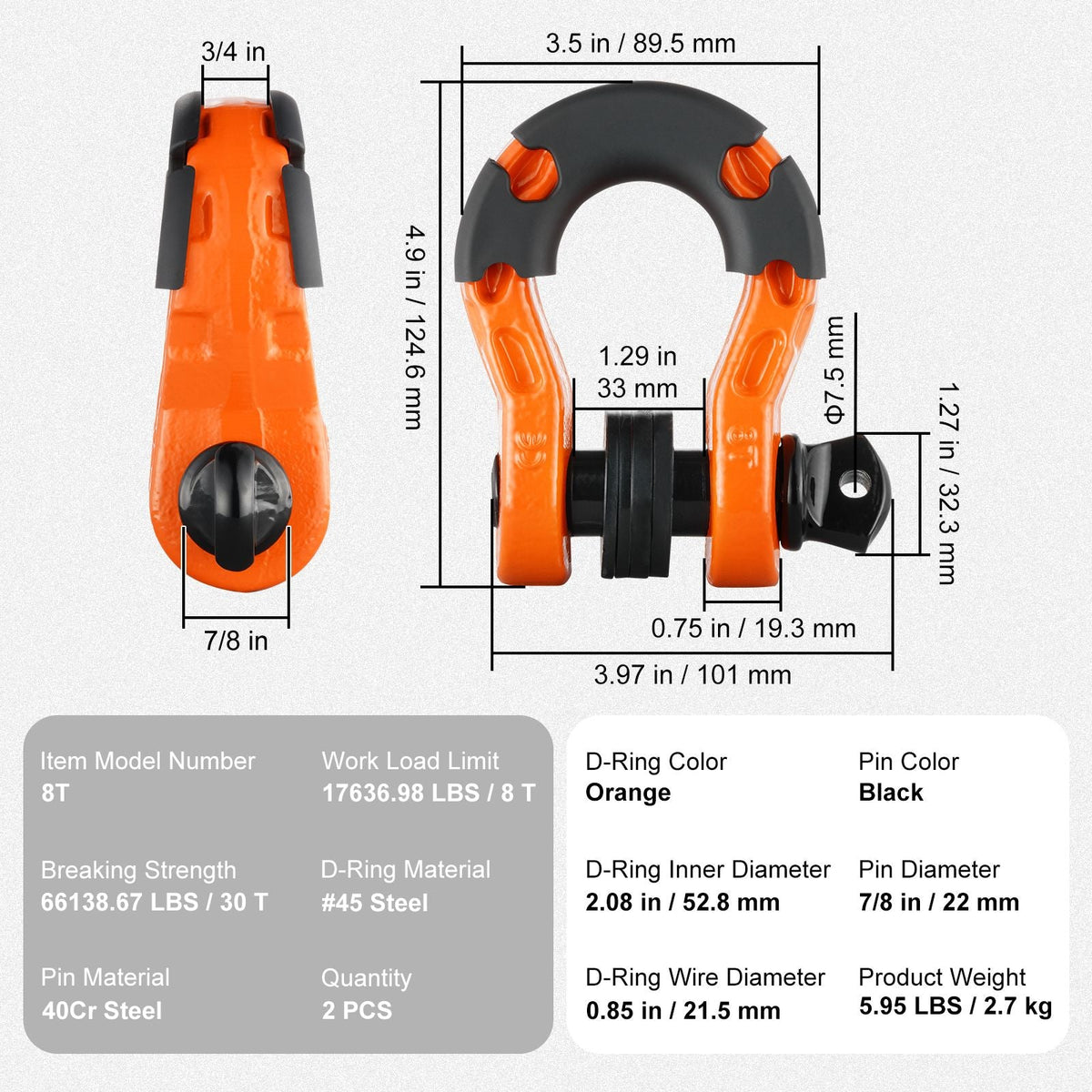 3/4" D-Ring Shackle, 2 Pack Alloy Steel Shackles 66139 lbs (30 Ton) Break Strength with 7/8" Screw Pin, Isolators & Washers, Heavy Duty Off Road Vehicle Recovery Shackle for Jeep Truck, Orange