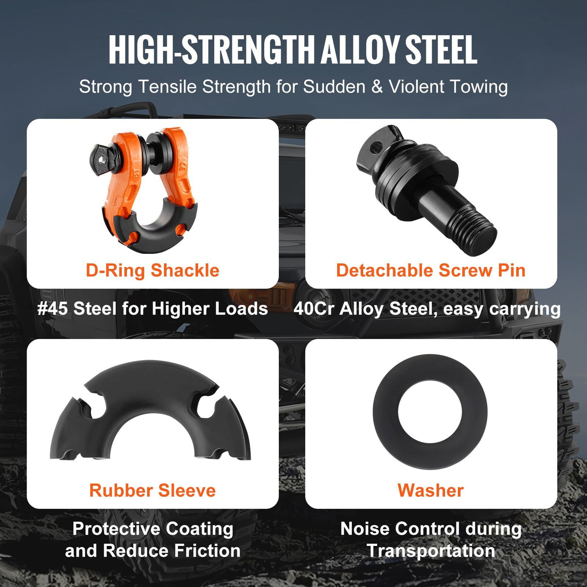 3/4" D-Ring Shackle, 2 Pack Alloy Steel Shackles 66139 lbs (30 Ton) Break Strength with 7/8" Screw Pin, Isolators & Washers, Heavy Duty Off Road Vehicle Recovery Shackle for Jeep Truck, Orange