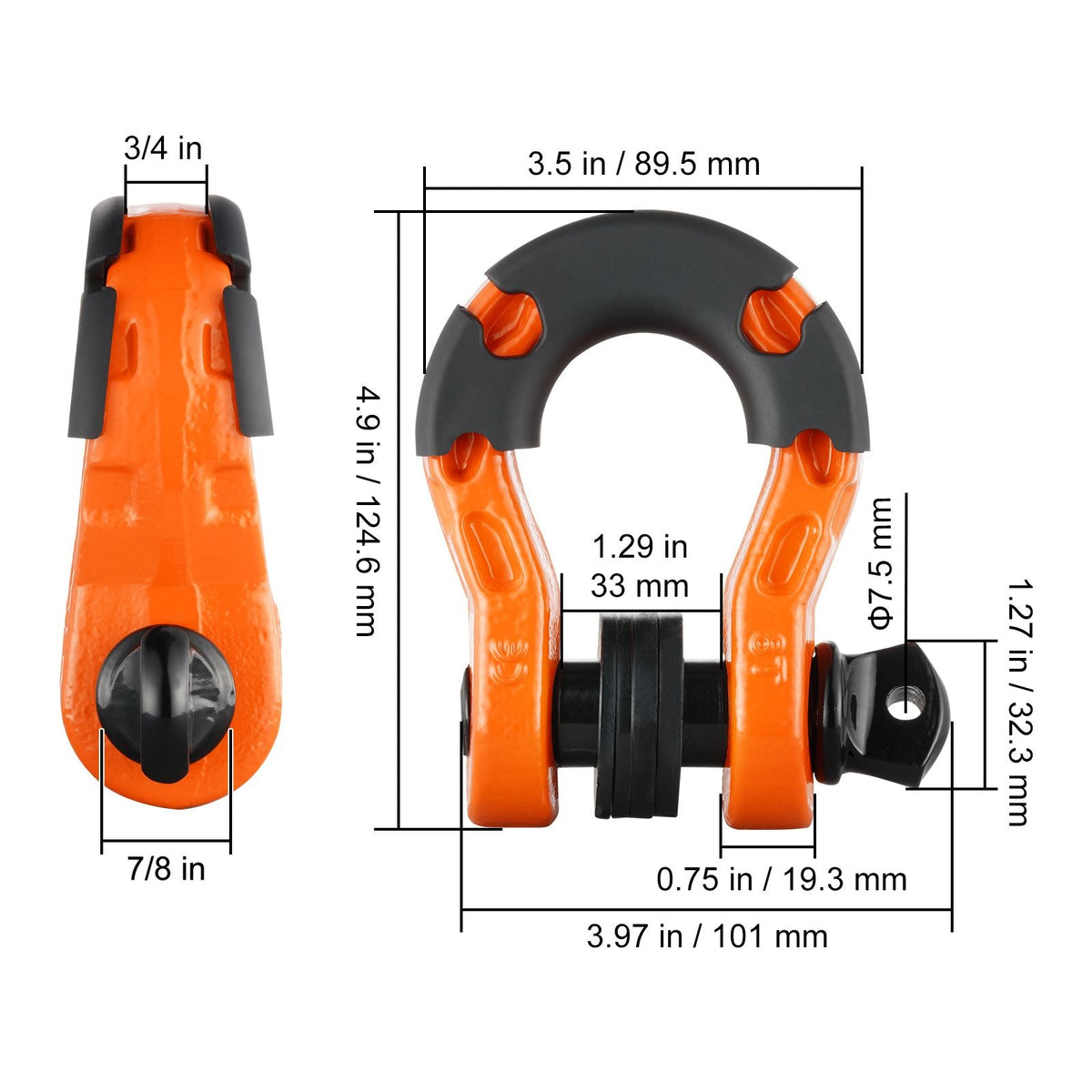 3/4" D-Ring Shackle, 2 Pack Alloy Steel Shackles 66139 lbs (30 Ton) Break Strength with 7/8" Screw Pin, Isolators & Washers, Heavy Duty Off Road Vehicle Recovery Shackle for Jeep Truck, Orange
