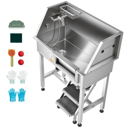 34" Dog Washing Station, Stainless Steel Pet Grooming Tub Bathtub, Professional Dog Wash Sink with Shower, Faucet, Soap Holder, Non-Slip Stairs Easy-Clean Design for Small Pets Cats (Right Door)