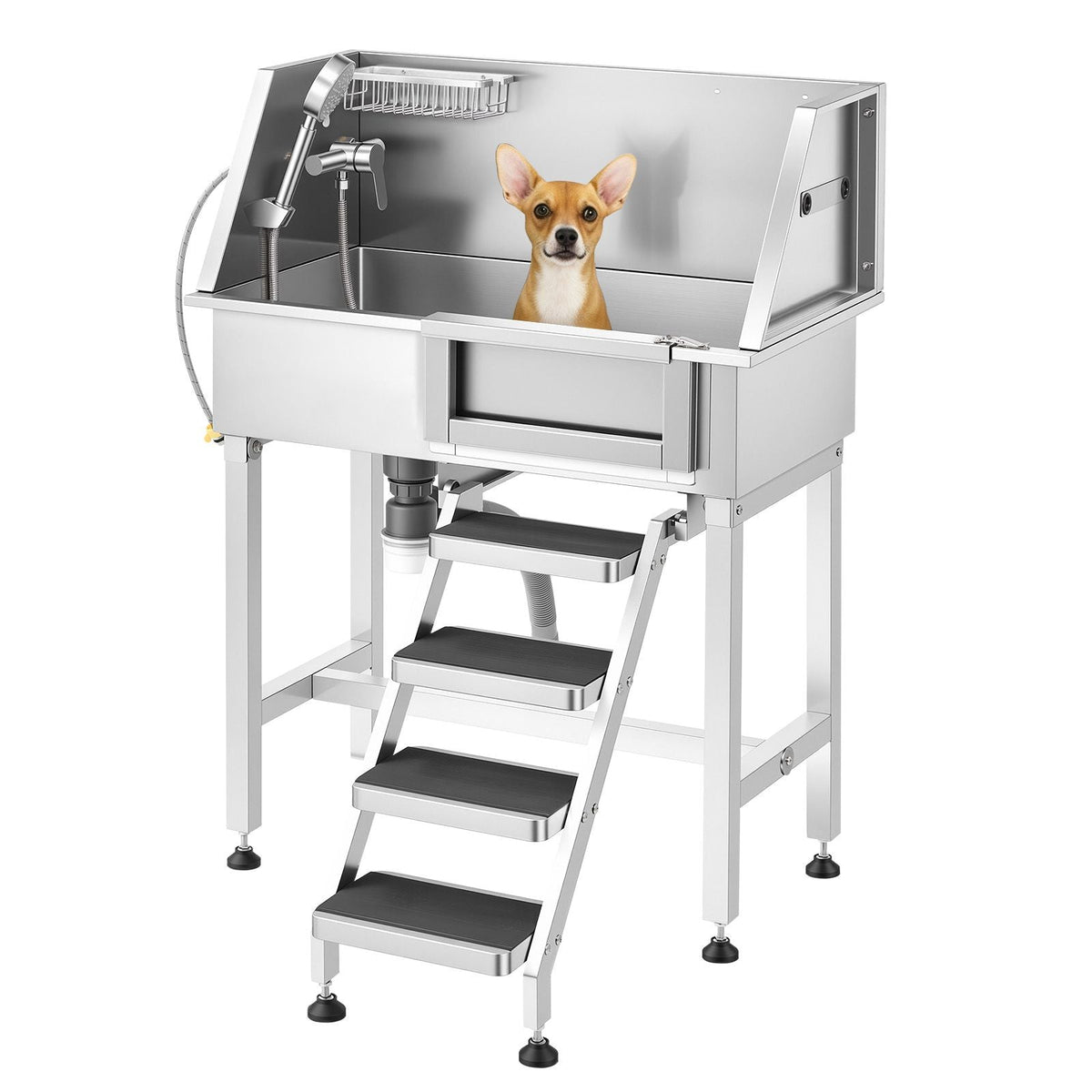 34" Dog Washing Station, Stainless Steel Pet Grooming Tub Bathtub, Professional Dog Wash Sink with Shower, Faucet, Soap Holder, Non-Slip Stairs Easy-Clean Design for Small Pets Cats (Right Door)