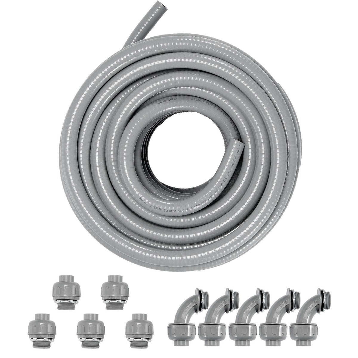 3/4-Inch Flexible Electrical Conduit, 100 ft, PVC Liquid-Tight Conduit Non-Metallic with 5 Straight and 5 90-Degree Conduit Connector Fittings, for Air Conditioning Motor Controller Pump, IP65
