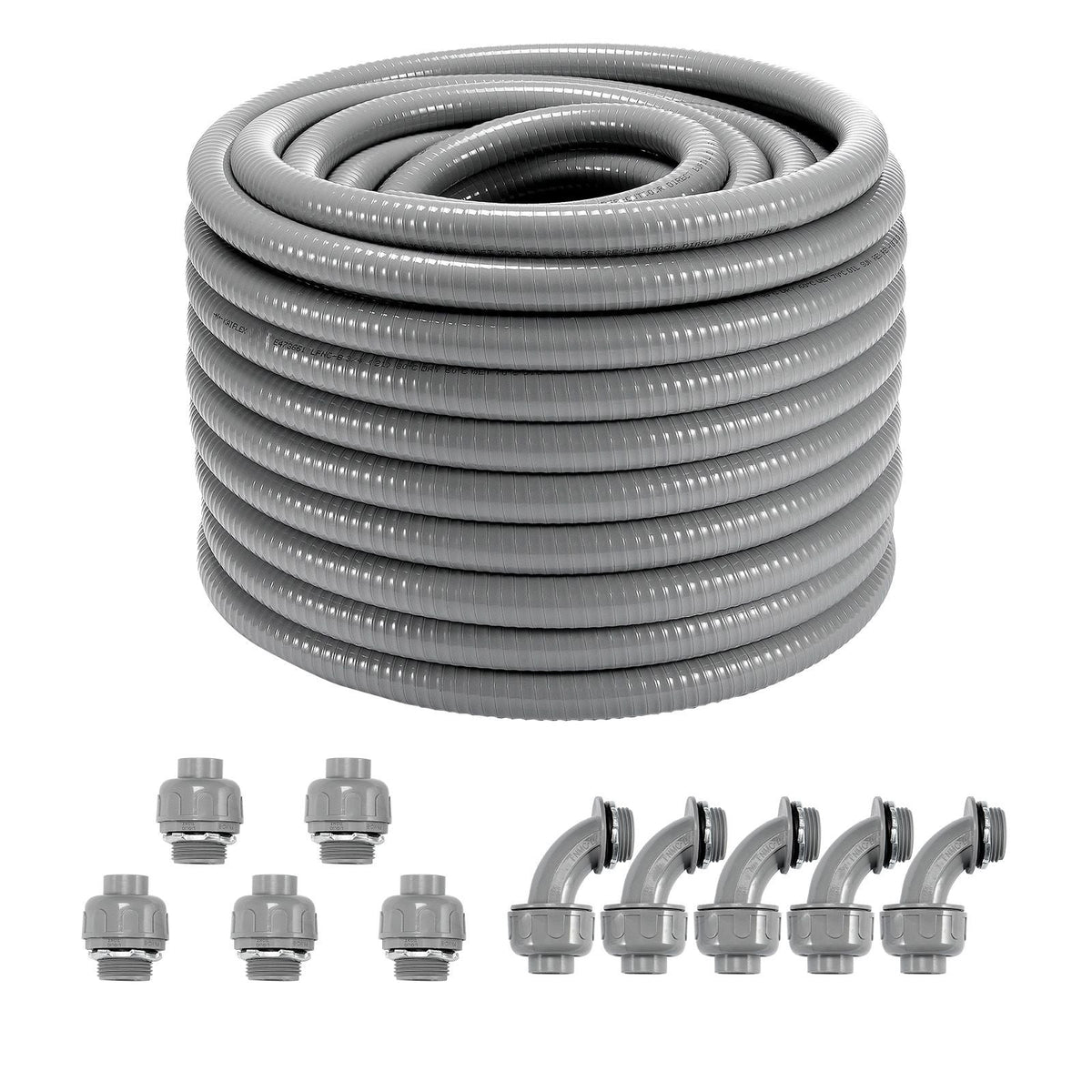 3/4-Inch Flexible Electrical Conduit, 100 ft, PVC Liquid-Tight Conduit Non-Metallic with 5 Straight and 5 90-Degree Conduit Connector Fittings, for Air Conditioning Motor Controller Pump, IP65