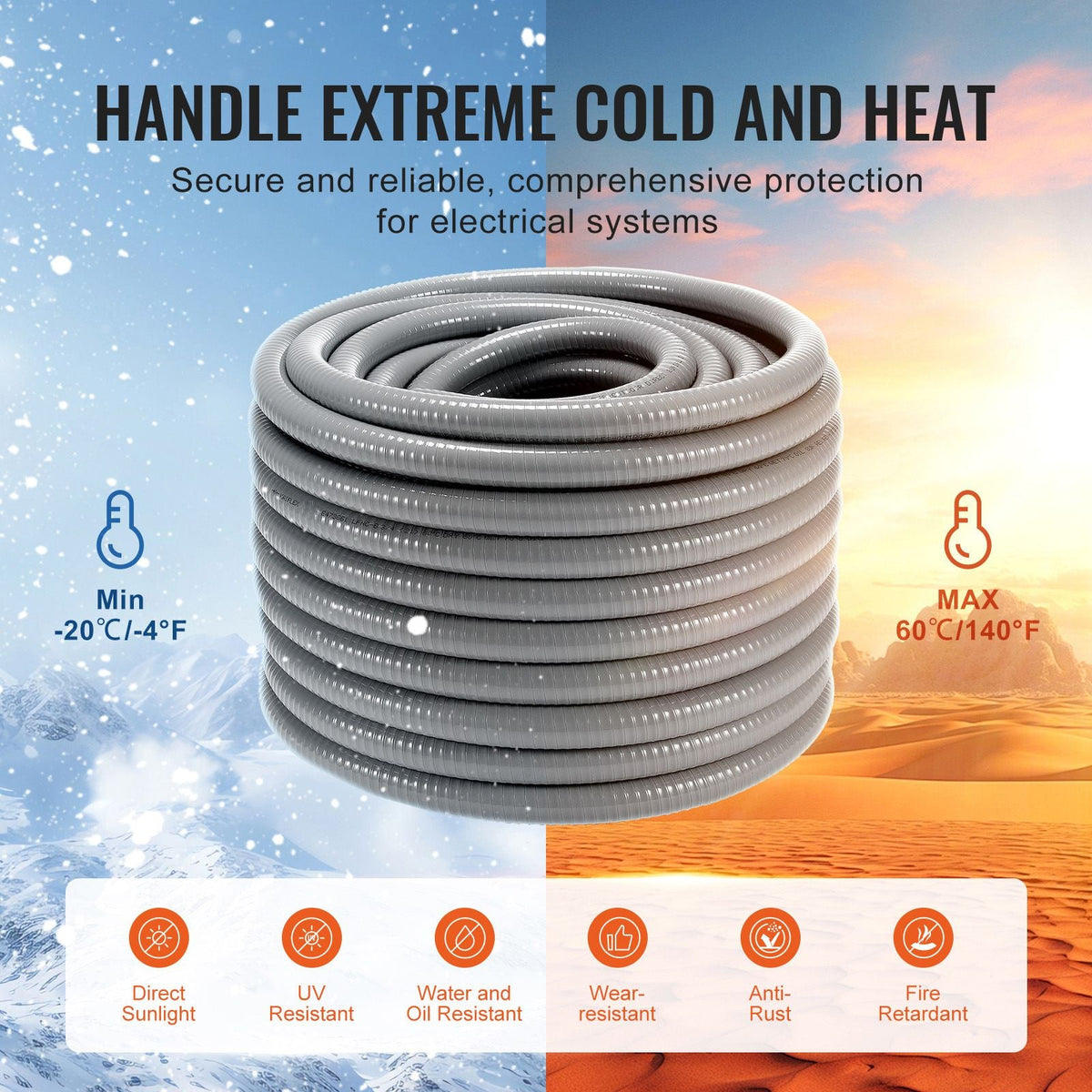 3/4-Inch Flexible Electrical Conduit, 100 ft, PVC Liquid-Tight Conduit Non-Metallic with 5 Straight and 5 90-Degree Conduit Connector Fittings, for Air Conditioning Motor Controller Pump, IP65